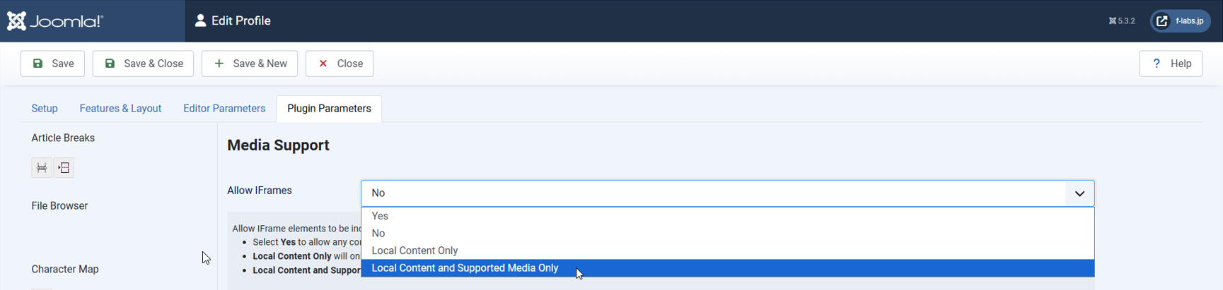 Plugin Parameters tab - left-pain: Media Support