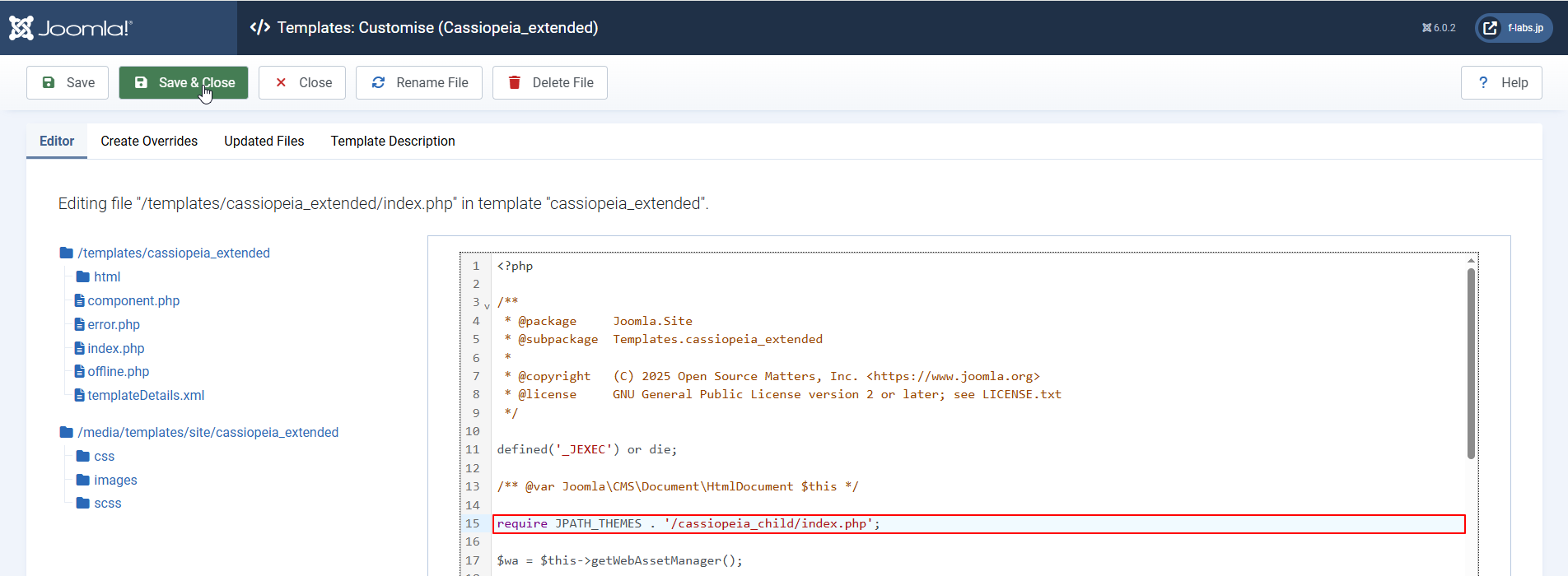 Child TemplateのCassiopeia_childのindex.phpを呼び出し Child TemplateのCassiopeia_childのindex.phpを呼び出し