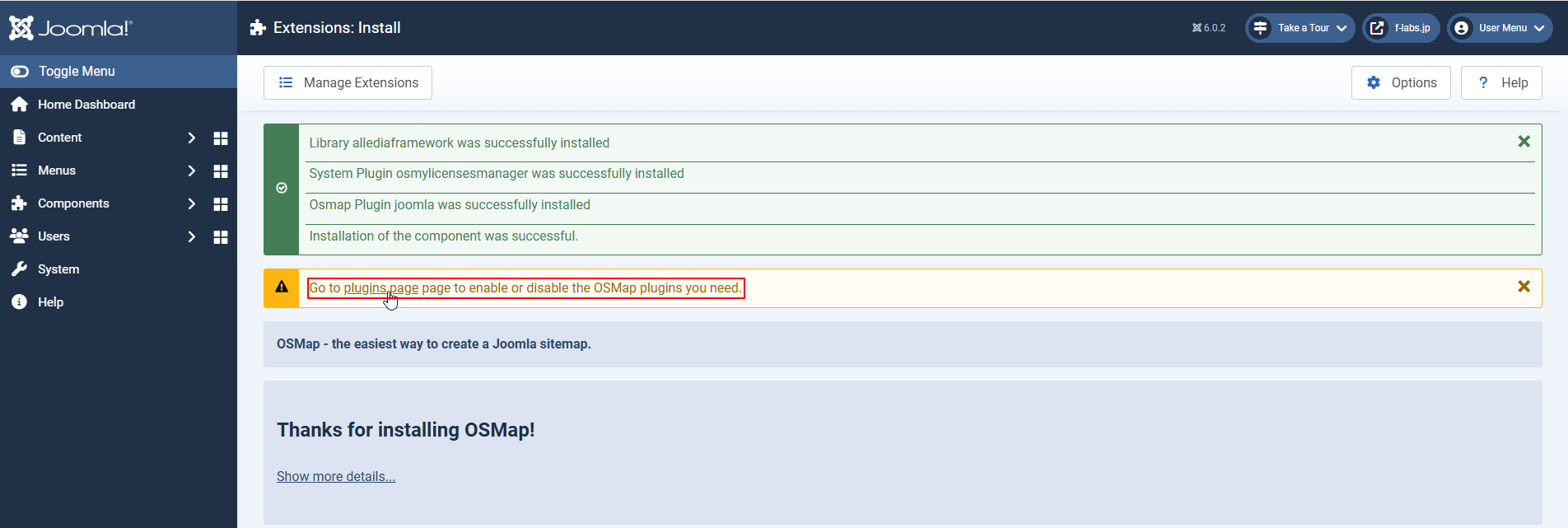 Plugins確認のリンクをクリック Plugins確認のリンクをクリック