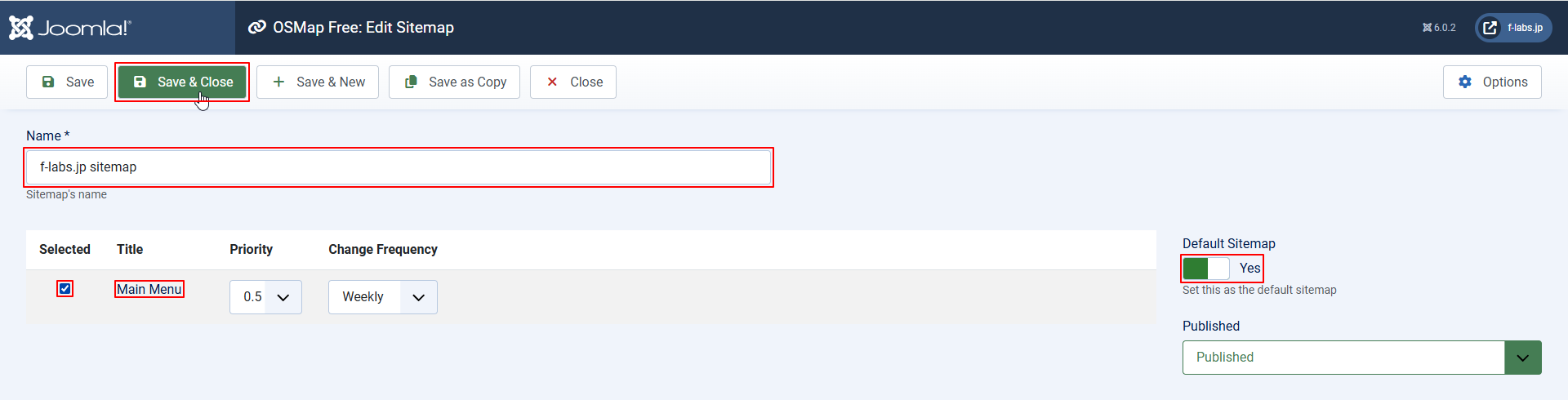 Title, Default Sitemapを指定 Title, Default Sitemapを指定