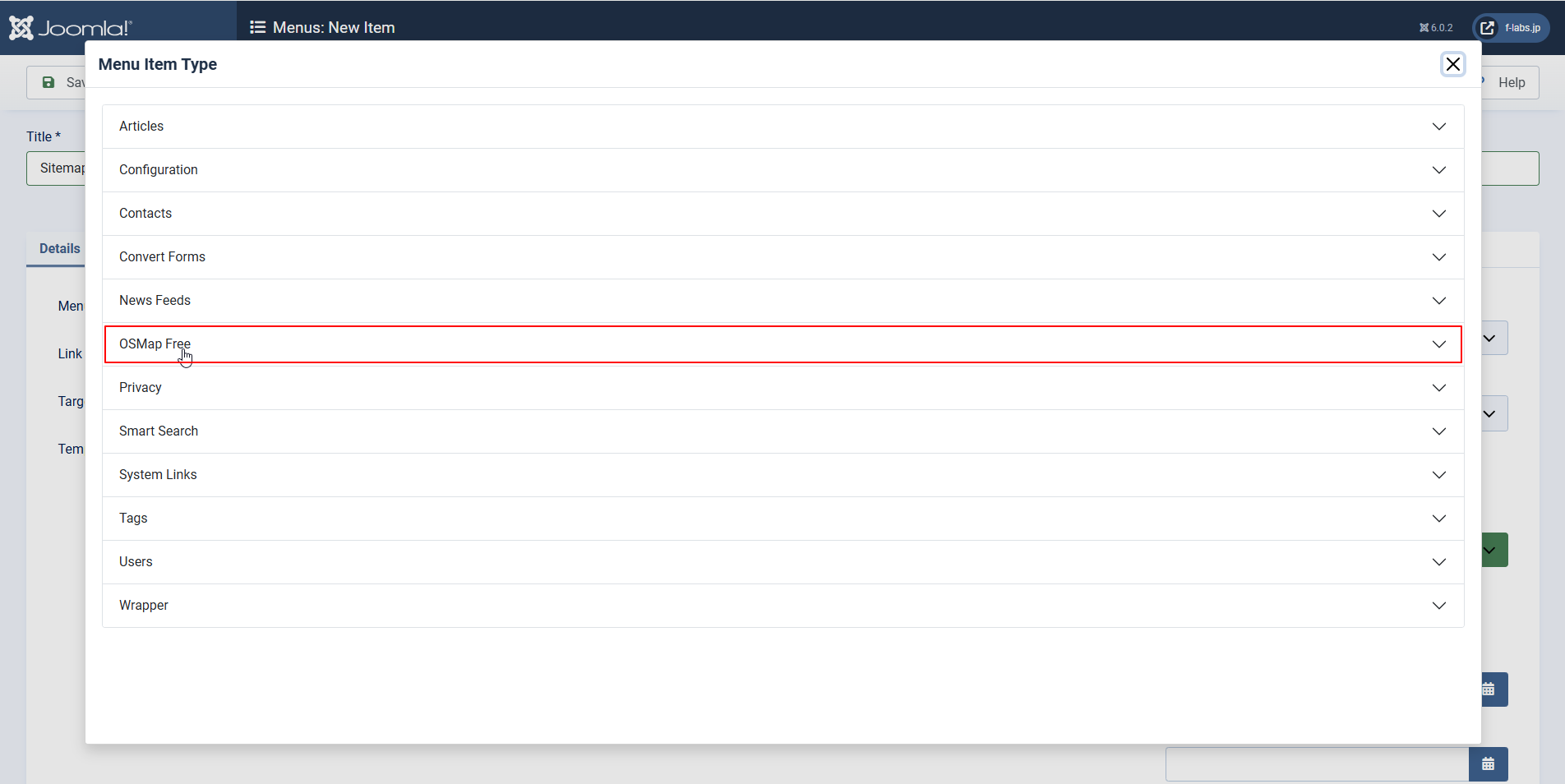 Menu Item Type dlg > OSMap Freeをクリック Menu Item Type dlg > OSMap Freeをクリック