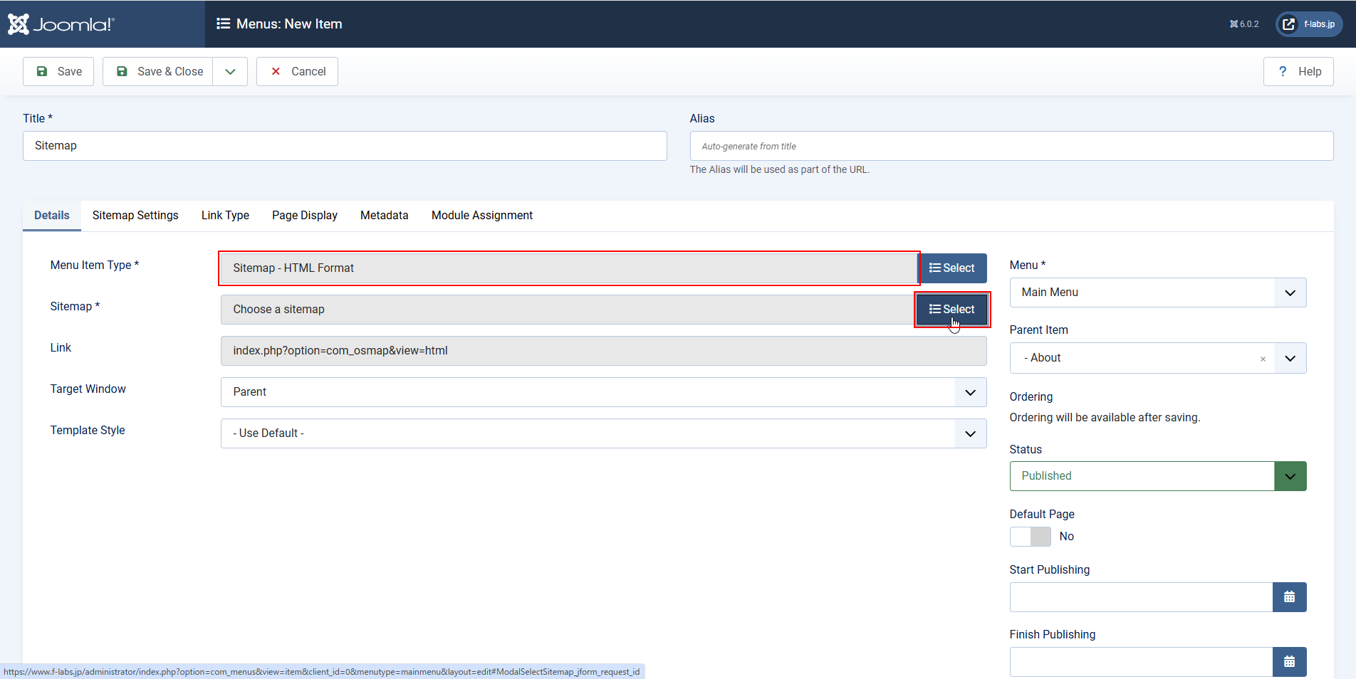 Details tab > Sitemap > Selectをクリック Details tab > Sitemap > Selectをクリック