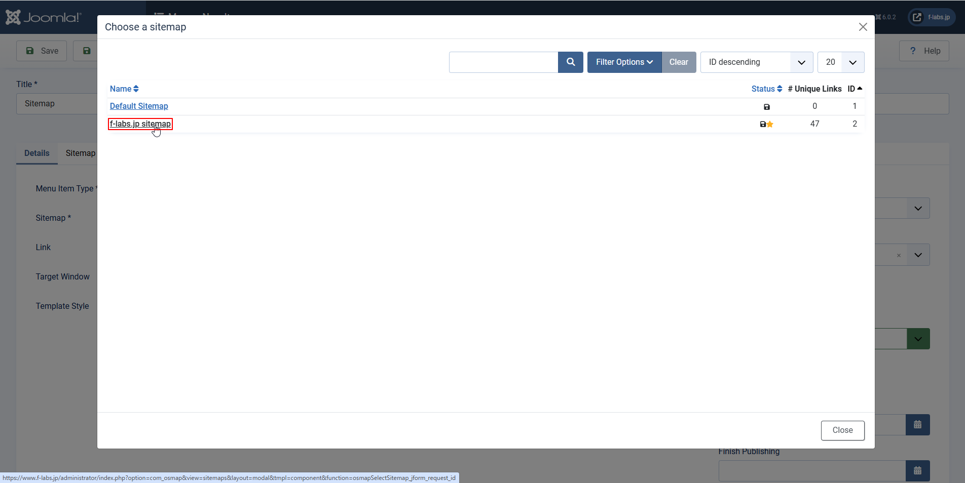 Choose a sitemap dlg > 任意のSitemapをクリック Choose a sitemap dlg > 任意のSitemapをクリック
