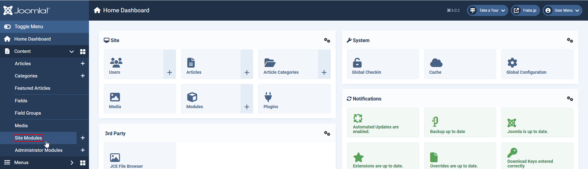 Component > Site Modulesをクリック Component > Site Modulesをクリック