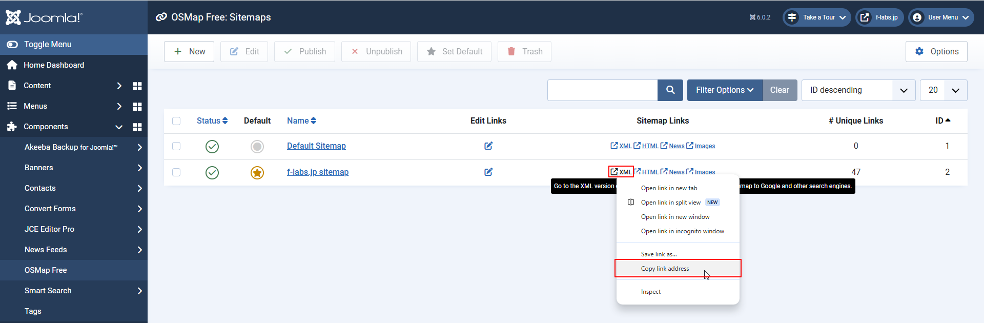 Googleへ登録するSitemapのXMLリンクを右クリックしてリンクをコピー Googleへ登録するSitemapのXMLリンクを右クリックしてリンクをコピー