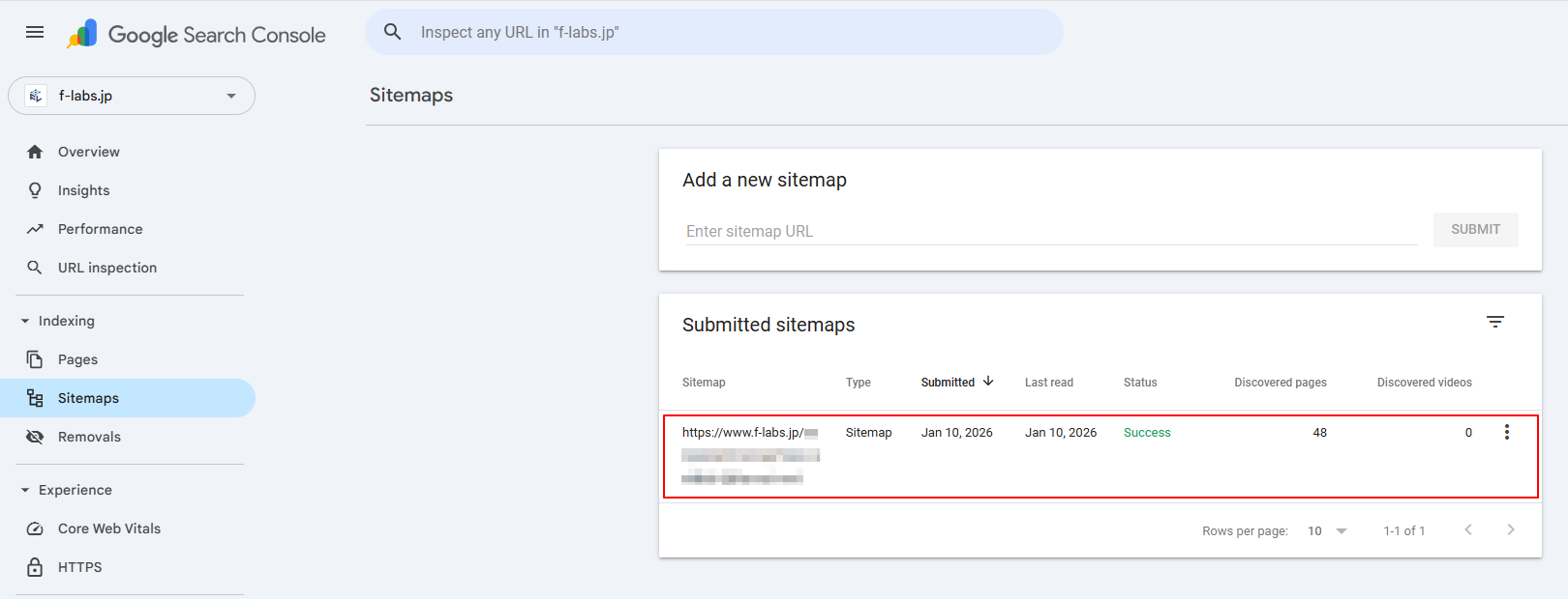 Sitemaps > Submitted Sitemapsにリストアップされたことを確認 Sitemaps > Submitted Sitemapsにリストアップされたことを確認