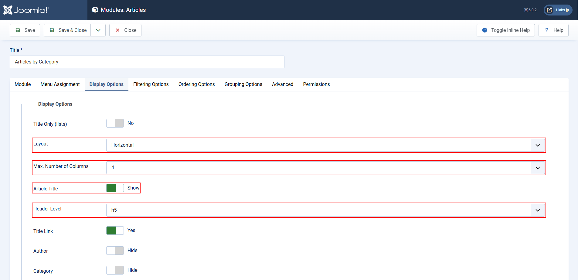 Module: Articles > Display Options tab > Display Options blkを編集 (1) Module: Articles > Display Options tab > Display Options blkを編集 (1)