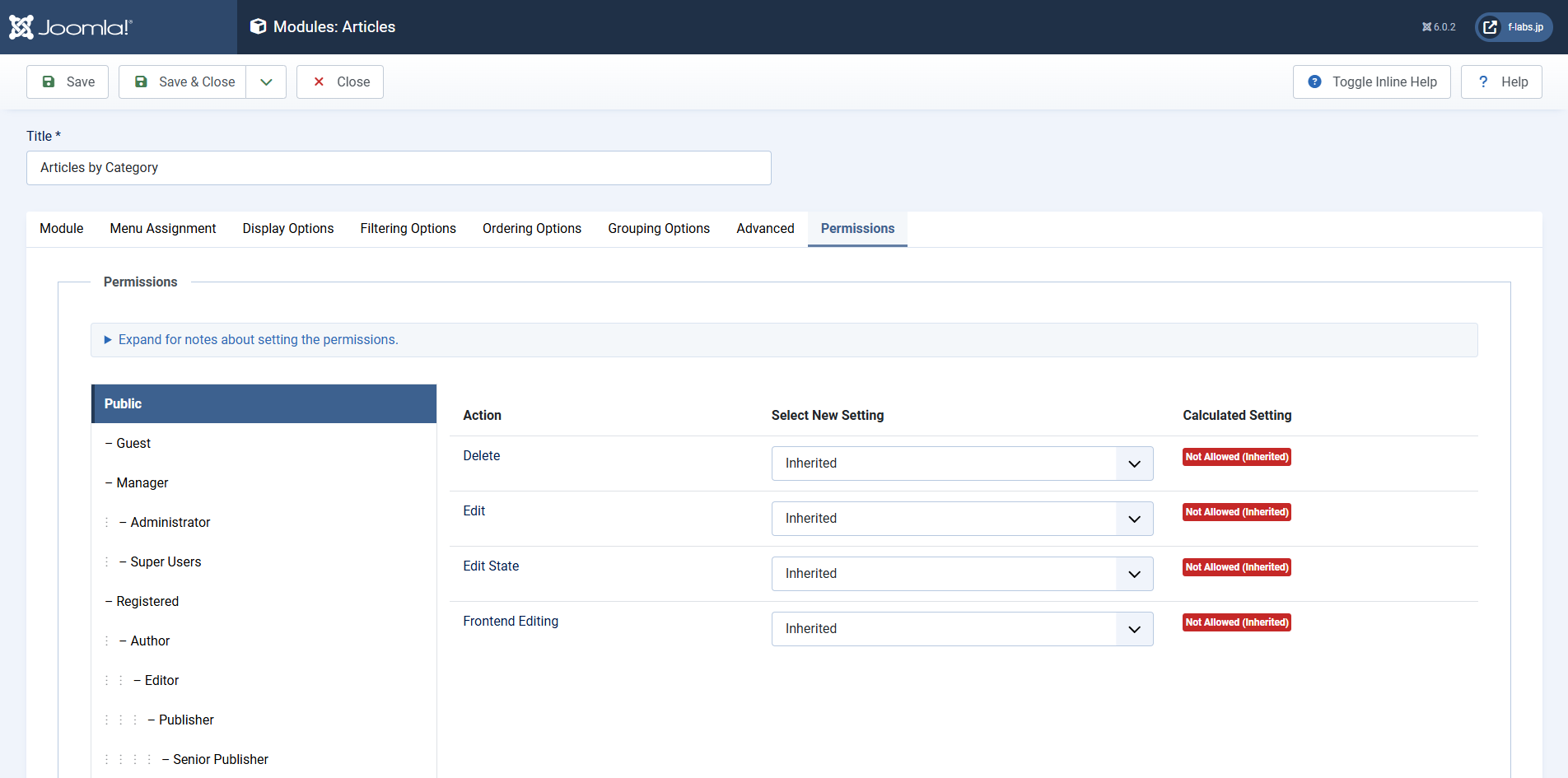 Module: Articles > Permissions Module: Articles > Permissions