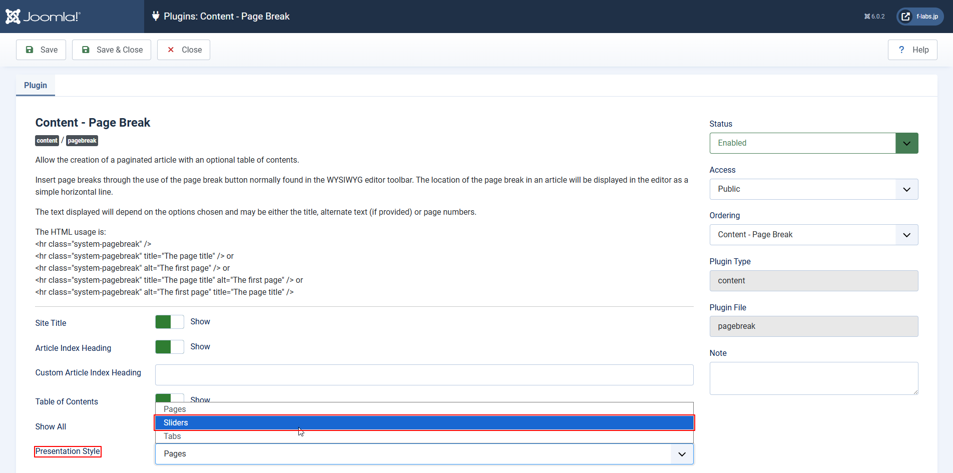 Presentation Style: Slidersに変更 Presentation Style: Slidersに変更