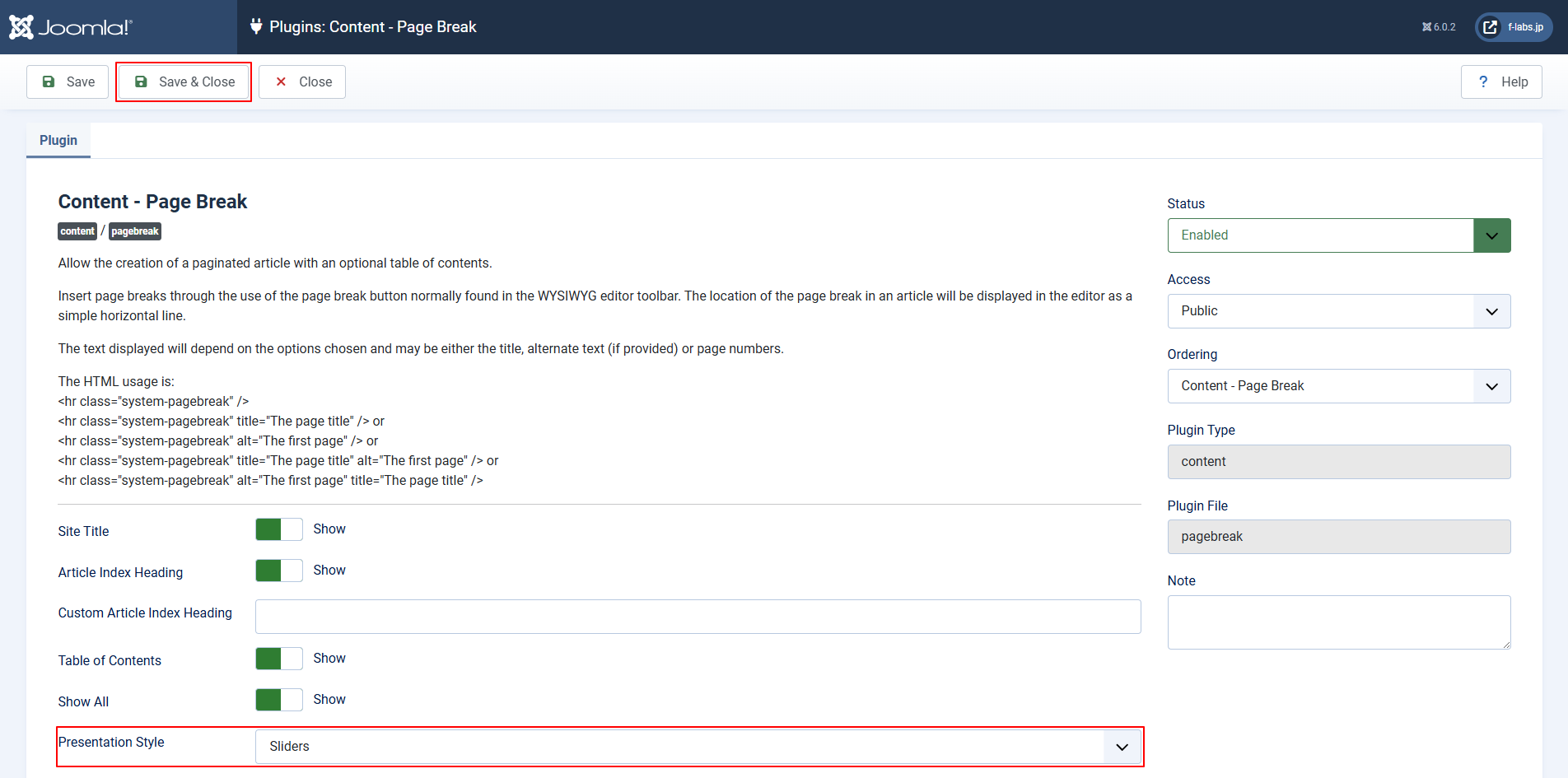 Save & Closeをクリック Save & Closeをクリック